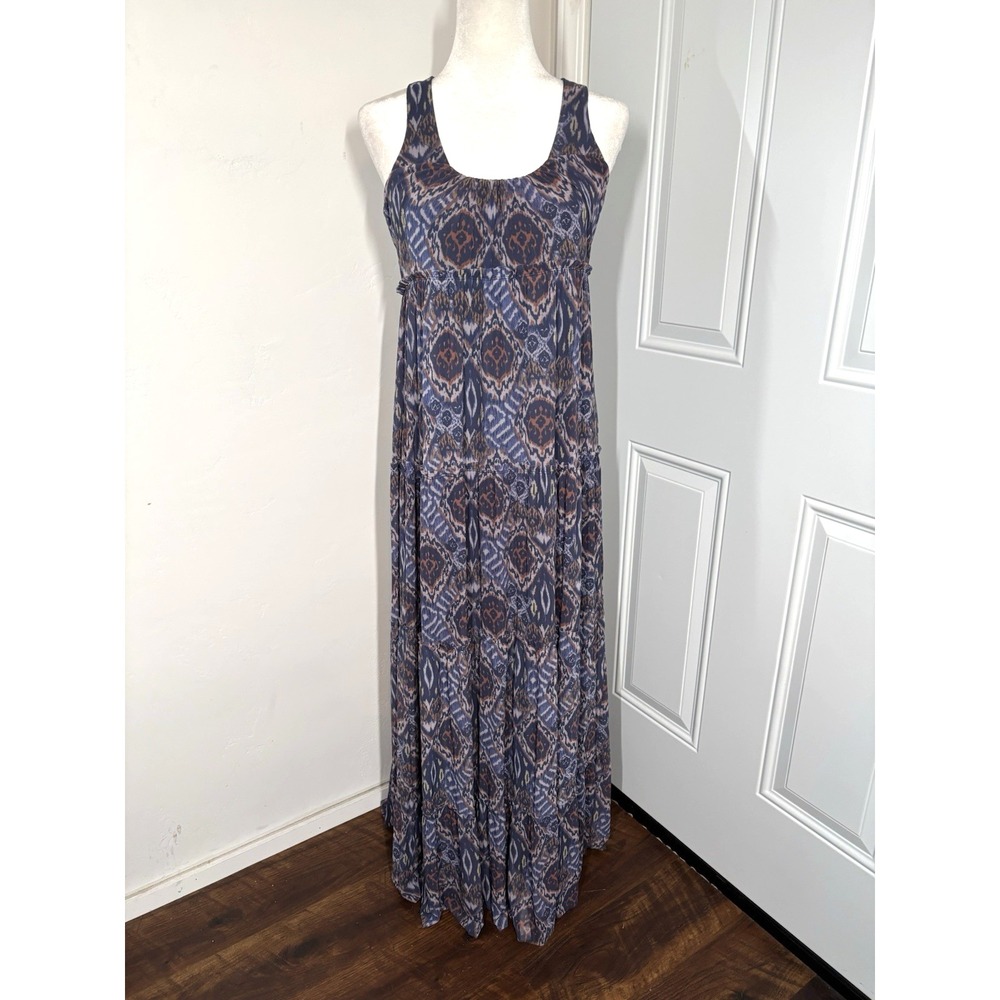 Sundance Dress Womens Medium Blue Boho Embroidered Mesh Sheer Maxi Batik‎ Tiered